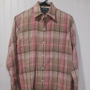 Lauren Ralph Lauren Small Plaid Button Down Top Pink Tan Linen Roll Sleeves